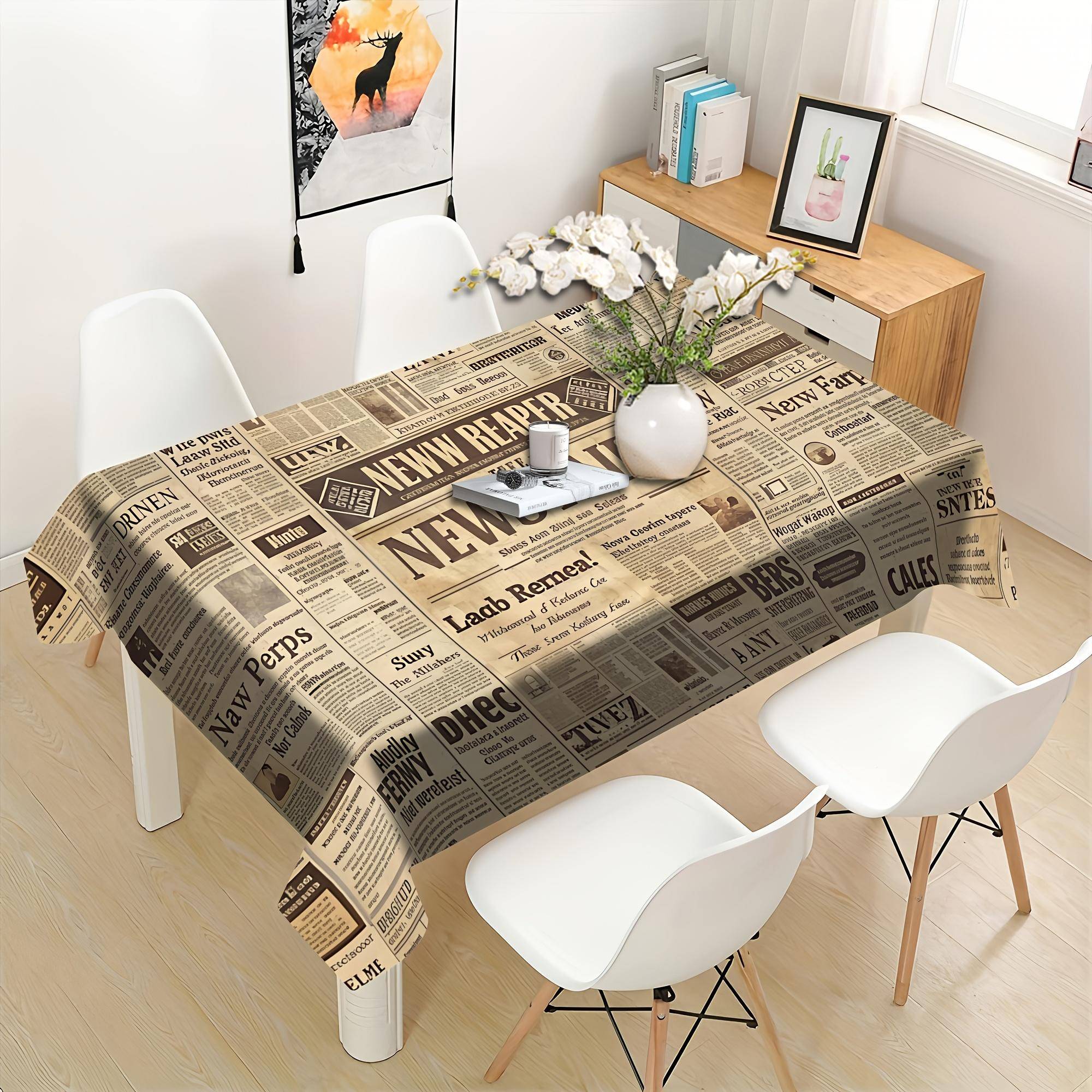 Vintage beige newspaper print tablecloth, with an English letter pattern design made of polyester material.