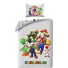 Super Mario sängkläder vändbart påslakan, 140 x 200 cm och örngott, polyester, med Mario, Luigi, Toad, Persika, Wario och Yoshi