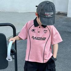 Unga pojkar Casual Street Japansk och koreansk pikétröja med lös tryck Lämplig för kläder för unga pojkar, Pojkkläder för unga pojkar, Back To School- - Rosa (6Y,7Y,4Y,5Y)