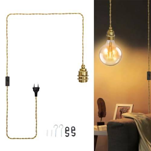 JZCDR Guld hängande lampa med kontakt, E27-lampsockel med 3,5 m kabel
