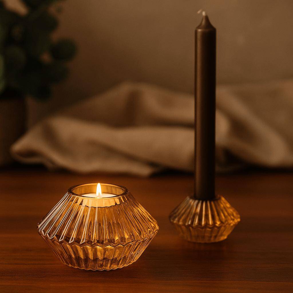 Candle Holders Taper Tealight Set of 2 Amber