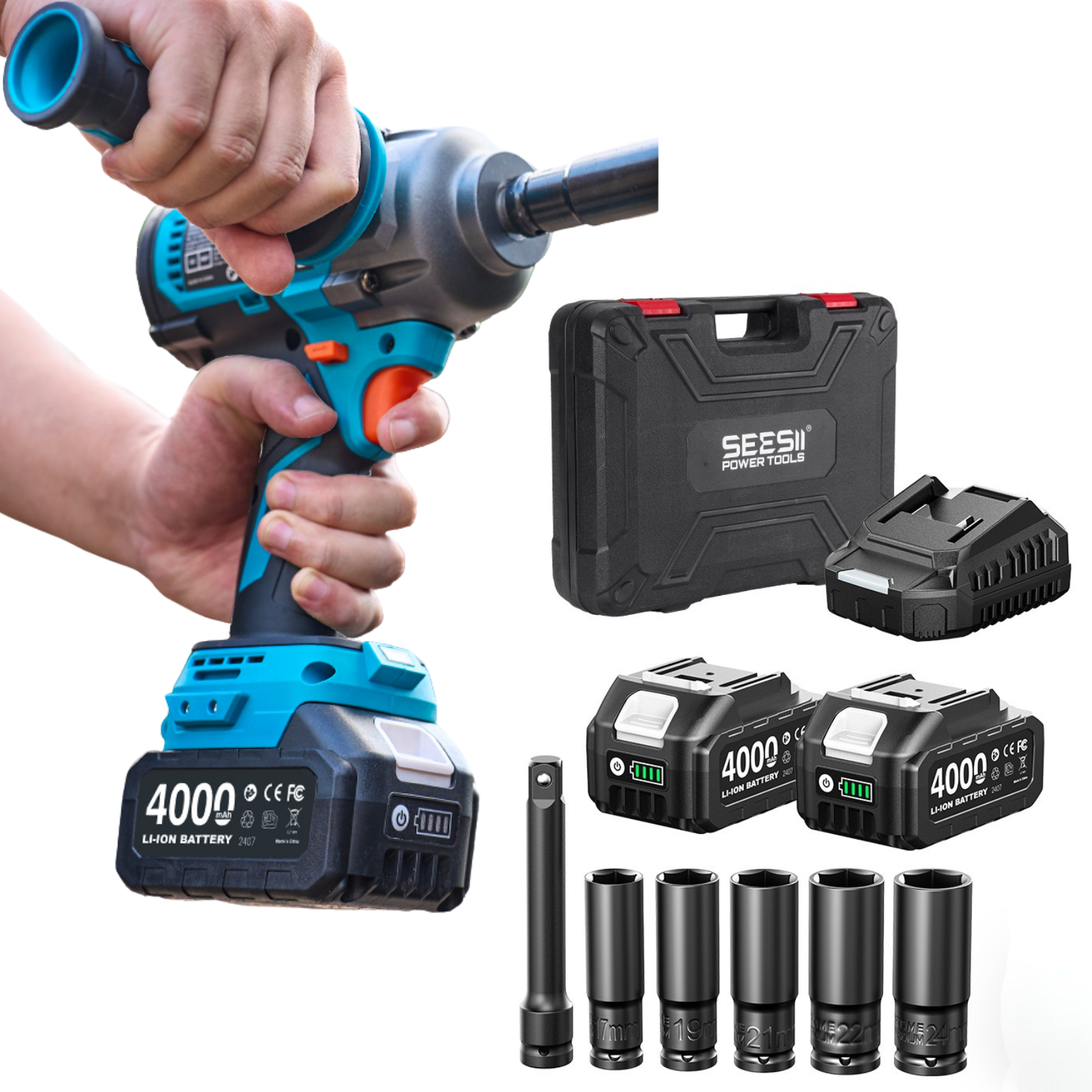 Seesii 1600Nm Cordless Impact Wrench 1/2' High Torque Impact Gun with Detachable Handle 21V 2×5.0Ah Battery for Car, Industrial Work