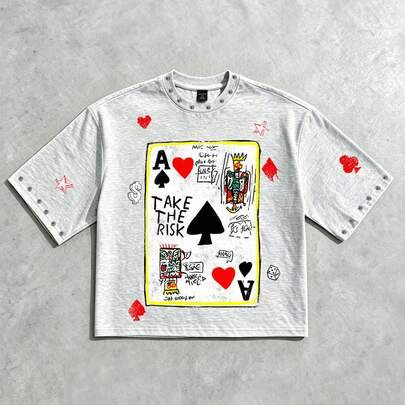 2026 Vår Sommar Höst Ny herr T-shirt mode casual street poker-kort parstil dam rundhals pullover topp - Grå (L,M,S,XL,XXL)