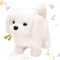 Gående hund Bichon interaktiv elektronisk kæledyr plys legetøj hvalp Woof og bevægelig animeret nikkende hoved gave til småbørn fødselsdag, hvid, 7''