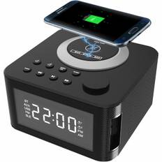 Bluetooth-högtalare med digital väckarklocka, trådlös laddare, FM-klockradio, atomur väckarklocka för sovrum, tunga sovande vuxna, svart