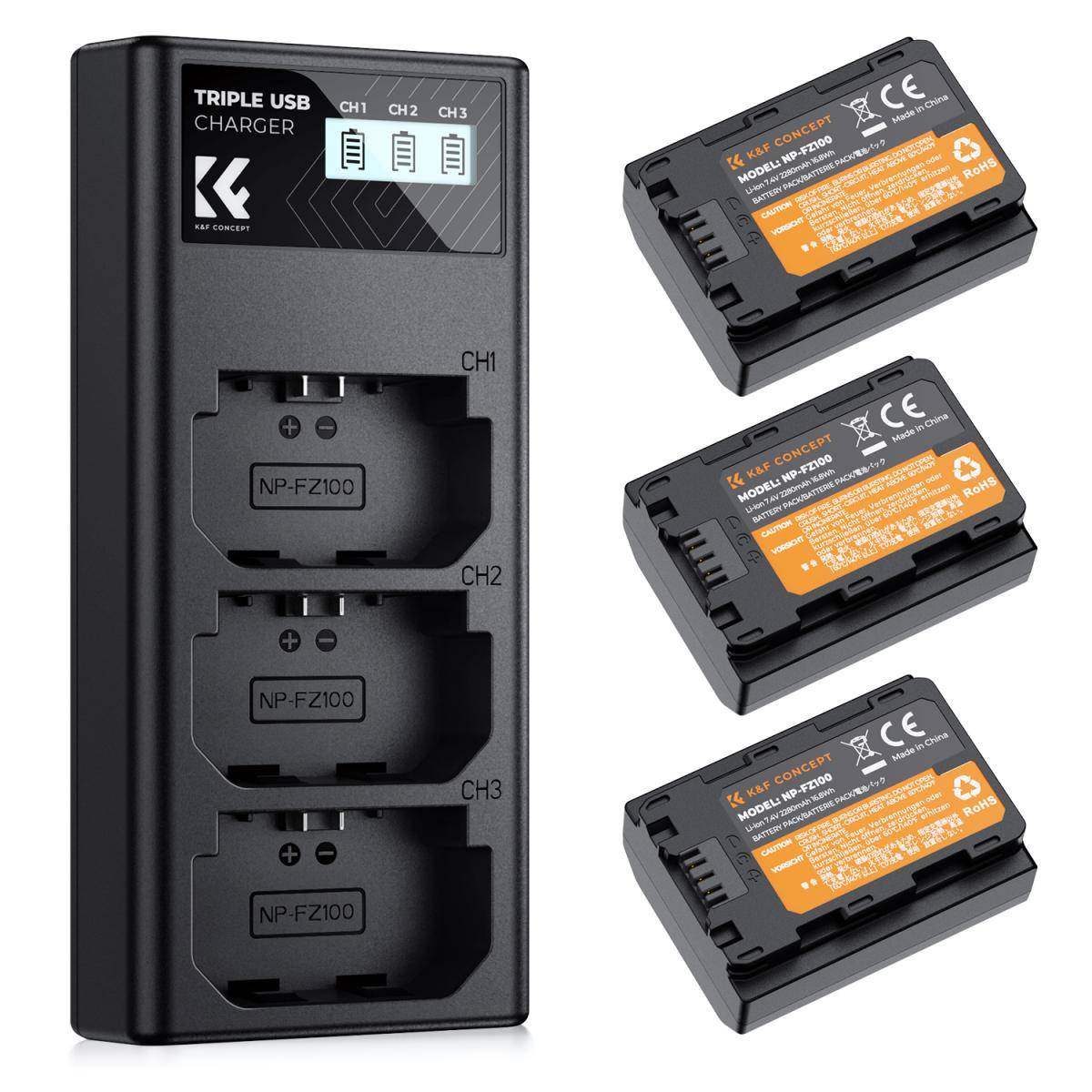 KENTFAITH NP-FZ100 Battery and Three Slot Charger, 3-Pack Replacement Battery for Sony A7iii, A7iv, A7C, ZV-E1, FX3, FX30, A9, A6600, A6700, Alpha 9, Alpha 9S, A9S, A7R III, A7R IV, A7R V, 2280mAh