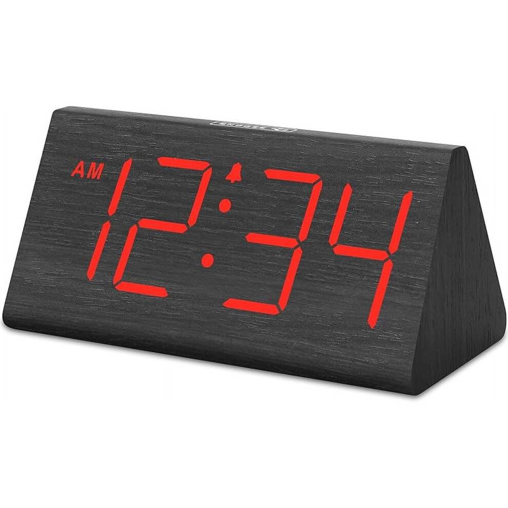 Digitalt vækkeur i træ med store tal, USB-port, batteribackup, justerbar lydstyrke, lysdæmper, snooze, sommertid, 12/24 timer (blå)