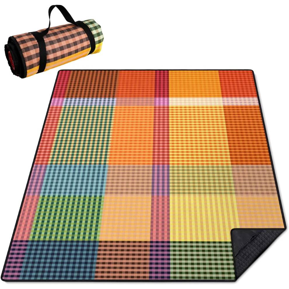 Vandtæt, foldbart picnictæppe, 200 cm x 150 cm, sandtæt, 3-lags udendørsmåtte med bærepose – farverig ternet, kompatibel med autocamper