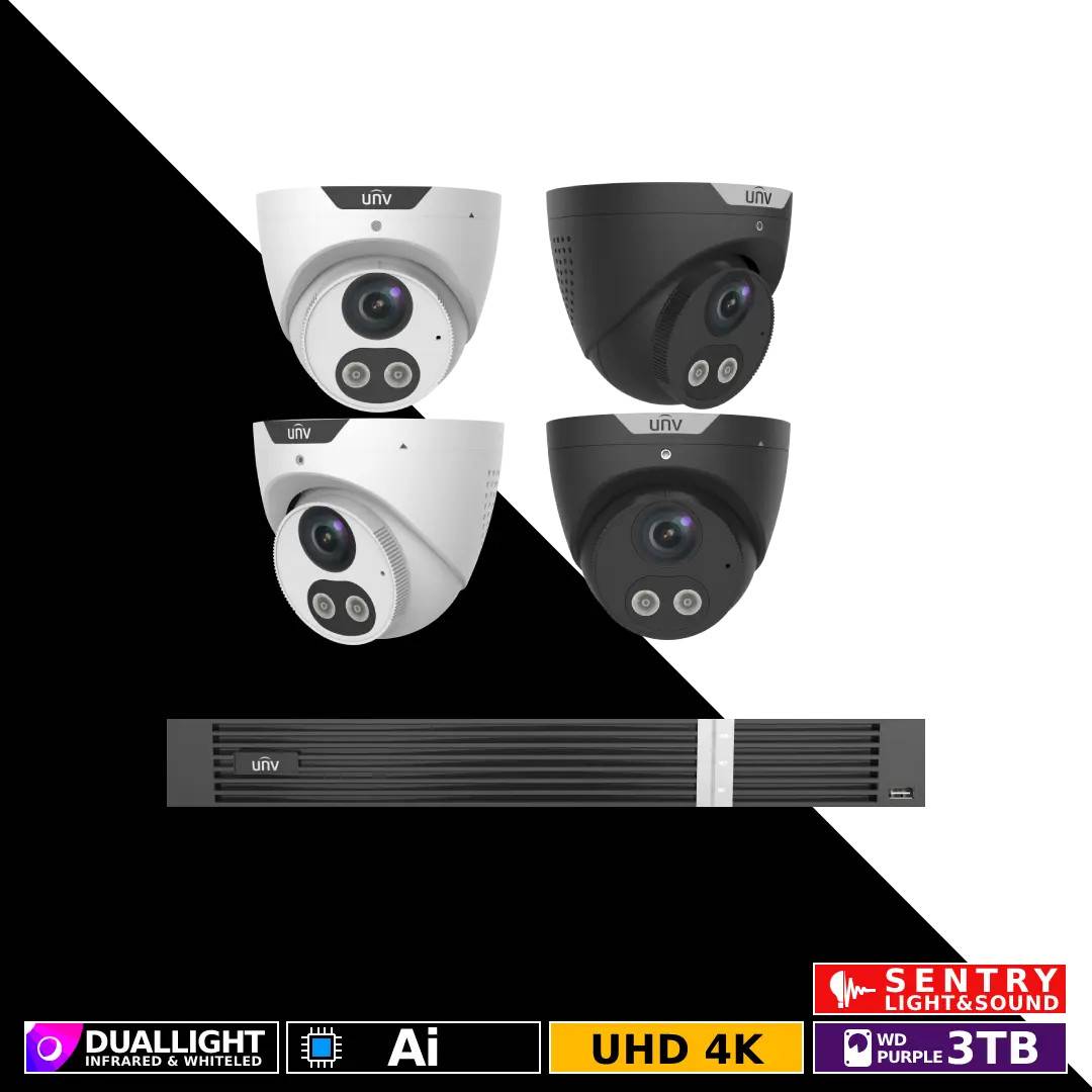 Uniview PRO sæt med 4 x 8MP 24/7 farve kameraer og 8 kanals optager.