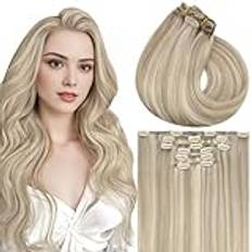Vivien äkta hårförlängningar klämma i mänskligt hår markering blond 25 cm dubbel väv 70 g 7 st mörk askblond # 16/22