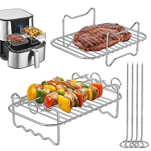Ainiv 2 st luftfritös-ställ kompatibla med Ninja Dual AF300UK AF400UK, lager torkställning, spettställ med 4 spett, 304 rostfritt stål dubbel luftfriteringstillbehör för grill, ugn, luftfritös