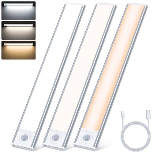 TRUMPETS 30cm Unterbauleuchte Küche led, 3000mAh Schrankbeleuchtung mit Bewegungsmelde 3 Farben, kleiderschrank beleuchtung für Küche,Schrank,Regale,Vitrinen (3 Piezas)