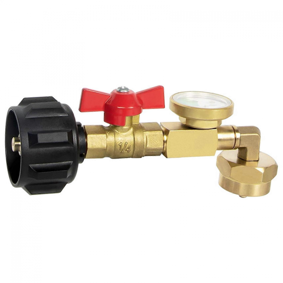 Propanpåfyldningsadapter med ventil og måler, fyld 1 lb flasker fra 20 lb tank, 90-graders albueform