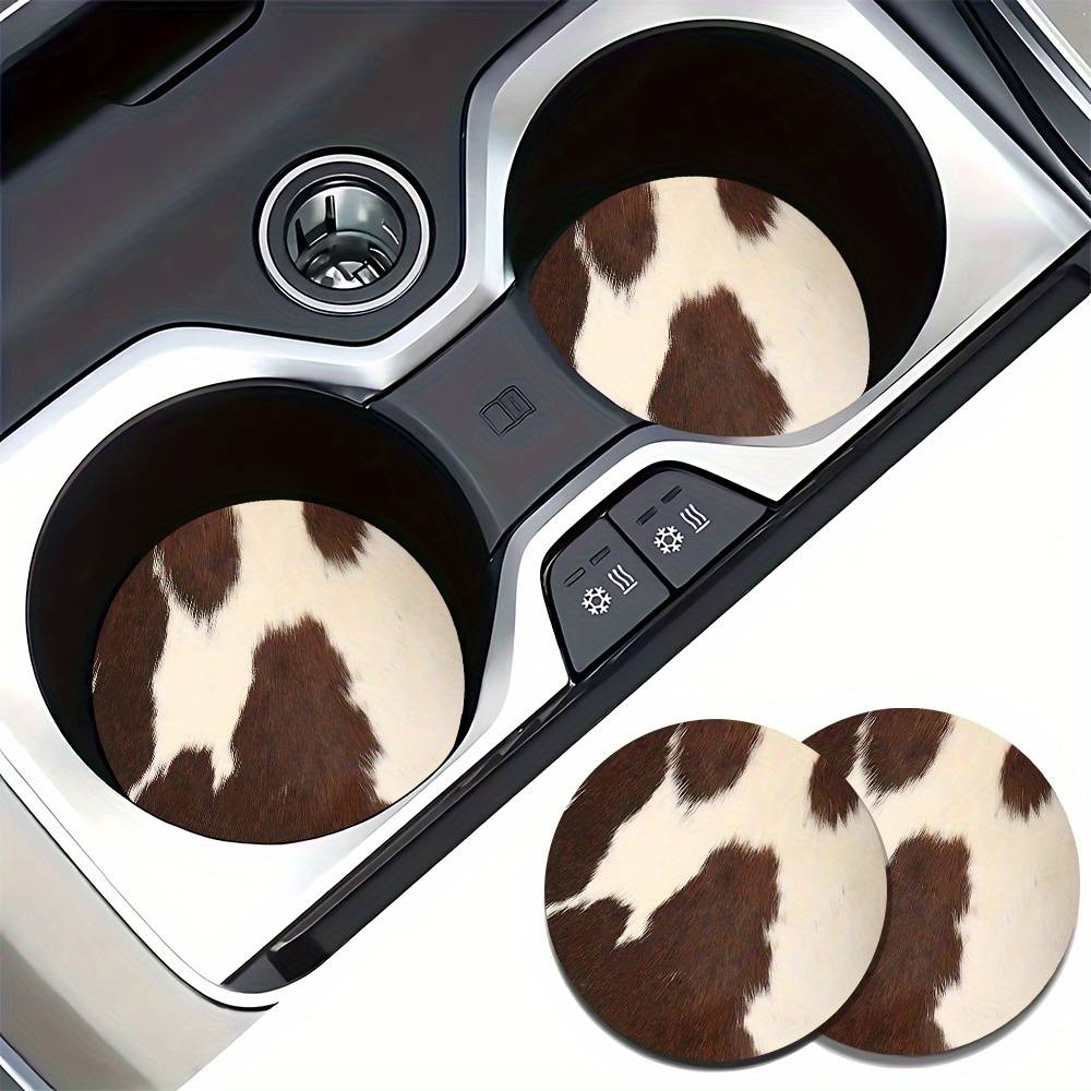 2-pack Cow Spots Pattern Absorbent Coasters For Cup Holders, Non-slip Rubber Vehicle Interior Accessories Beverage Mats