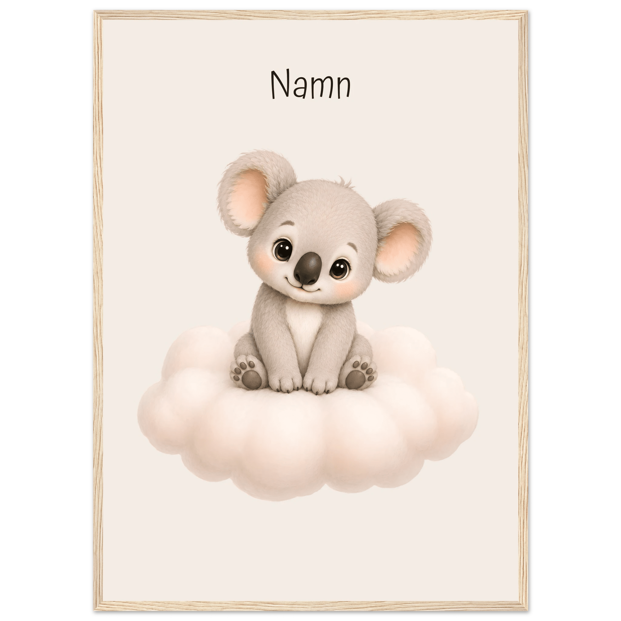 Koala på moln med namn-50x70 cm / 20x28″ / Med ram / Ljust trä