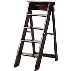 Folding Step Stools/Wood 5 Tread Safety Step Stool/Multi-Purpose Portable Step Stool/Garden Library Climb Ladder (Dark Brown)