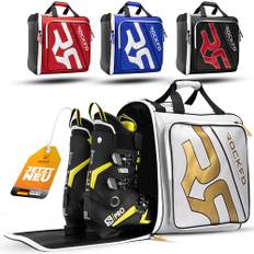 ROCKRO Skischuhtasche mit Helmfach - Robuste Tasche für Skischuhe - Wasserabweisende Skistiefeltasche mit Helmfach - Praktischer 7 Zonen Ski Rucksack für Ski Schuhe Helm Skibrille [ Weiß-49 L]