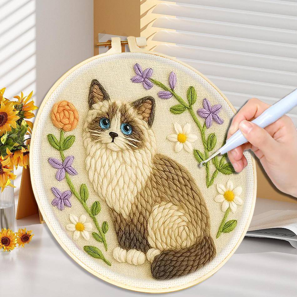 CHENISTORY 20x20cm Stansnålsats med Broderiram Katt Räv Rolig DIY Stansnålsnybörjarsats för Nybörjare Sömnad Hantverk