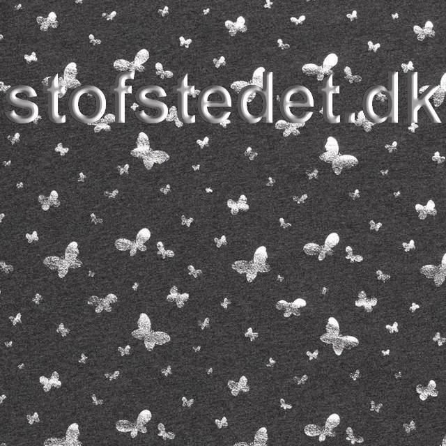 Rest Bomuldsjersey økotex m/digitalt tryk i koksgrå meleret med sommerfugle i sølv, 100 cm..