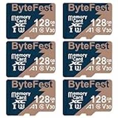 ByteFest 6-pack 128 GB Micro SD-kort med 6 adapter, UHS-I U3 TF-kort, C10, V30, 4K UHD-video, A1, microSDXC flashminneskort för övervakningskamera actionkameror drönarspelkonsoler