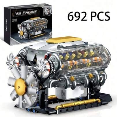 Kreativt byggblocksläks för superbil V8-motor, V8-motormodell monteringsleksak, anpassningsbar MOC mini V8-motormodell, STEM-konstruktionsprojekt för - Multifärgad (Motor - v8 692PCS,GQ3103-V8-502ST)