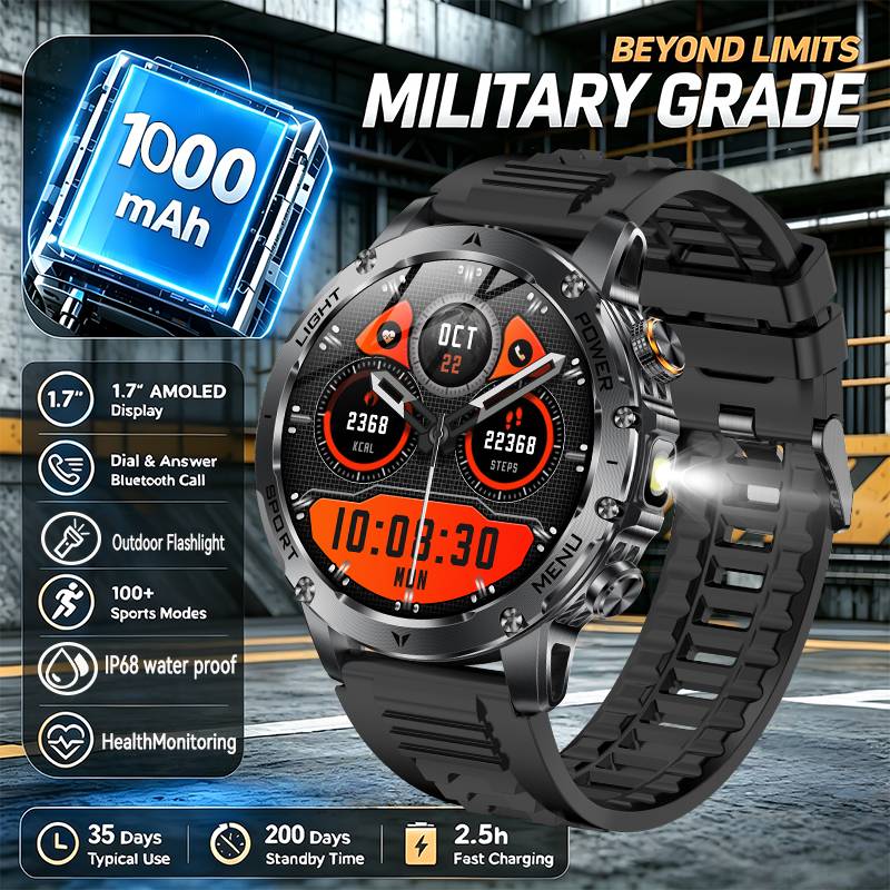 New Military T-Rex 3 Ultra 1000mAh Battery Smart Watch IP68 Waterproof Fitness Track Flashlight Heart Rate Sports Smartwatch Men
