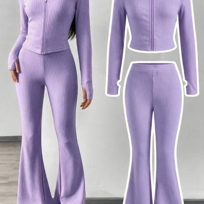 Tween-flicka lila ribbstickat sportset med tumhål, hög krage, långärmad kofta och utsvängda byxor, 2-delad outfit för barn - Blåröd (8Y,9Y,10Y,11Y,12Y)