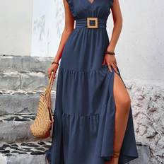 TEMU Women's Royal Blue V-neck Sleeve A-line Dress With High Slit & Adjustable Belt - Machine Washable Dress For Beach, Casual , Beach Dresses, , Flowy Silhouette, Stylish Women