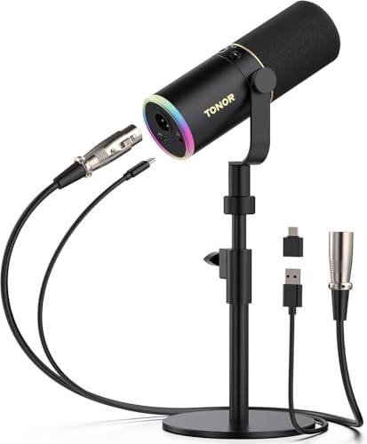 TONOR Dynamisches Microphone mit XLR/USB Kabel, Mikro PC, Vocal Mic Gesangsmikrofon für Streaming, Gaming, Studio, 200 cm Kabel, mit Einstellbares RGB, Desktop-Ständer, Schwarz, TD520S