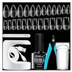 Gelike ec Nail Tips and Glue Gel x Nail Extension Set Mini Nagellampa och 6-i-1nagellim, 240 st mjuk gel full cover nageltips, fransk nagelstämpel, nagelklippare medium mandel och kvadrat