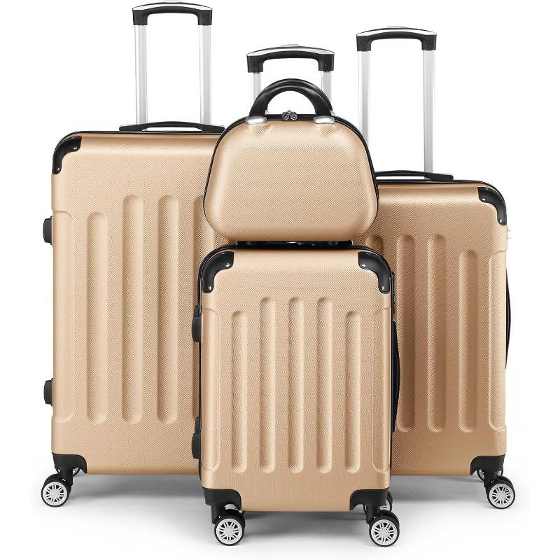 Bonnlo Set Of 4 Suitcases With Vanity Case, Travel Suitcases, Abs Suitcase Set With Reinforced Corners And Wheels, Champagne