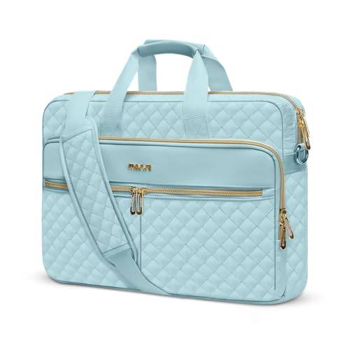 MOSISO 15-16 tum laptopväska, bärbar datorportfölj Messenger | Kompatibel med MacBook Pro 16/Air 15, fyrkantig quiltad datorväska arbete kontor affärer med 3 fickor och rem, isblå