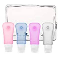 MoKo Travel Bottles 4 Pack, Leak Proof BPA Free & FDA Approved Refillable Cosmetic Toiletry Containers, Silicone Travel Bottles Set with Suction Cup for Shampoo Lotion Conditioner & More, 3.1 oz(89ml)