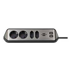 Schuko, 4-stikdåse med USB opladning, Sort-Alu Stikprop:Vinklet Dansk stikprop - Ledningslængde:2 meter