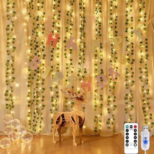 Lichtervorhang Innen 2x2m, Efeugirlande mit 200 LEDs Efeu Künstlich Lichterkette Vorhang Wasserdicht 8 Modi, USB Fake Efeu Lichterketten für Hochzeit Fenster Wand Party Weihnachten Schlafzimmer Deko