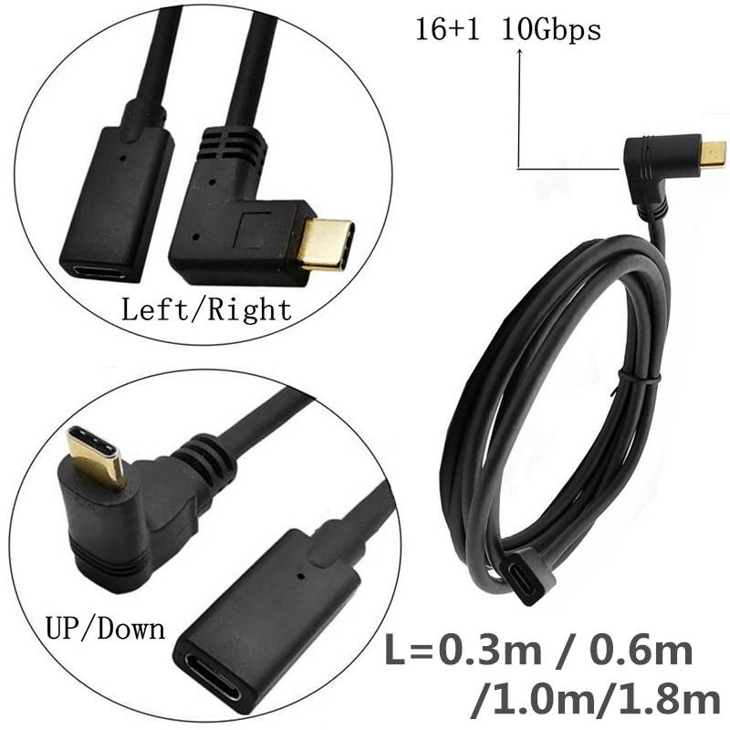 Guld typ-c usb 3.1 hane till usb-c hona 90 graders förlängningsdatakabel förlängningssladd vändbar 10gb/s 0.3m 0.6m 1m 1.8m - Vänster höger / 0.3m
