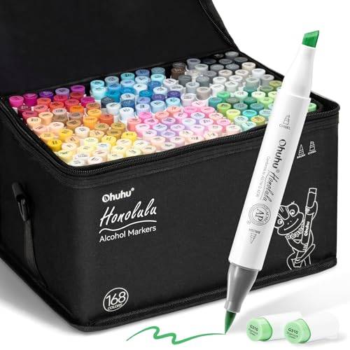 Ohuhu Alkoholmarker 168 Färger, Dubbelspets Borste & Mejselspets Lämplig för Konstnärer för Professionell Illustration Skissering Färgläggning Honolulu Series