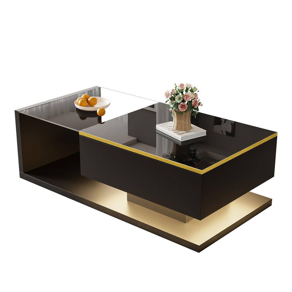 SOFFBORD Svart Högglans 100 cm med Glas och LED - Multicolor