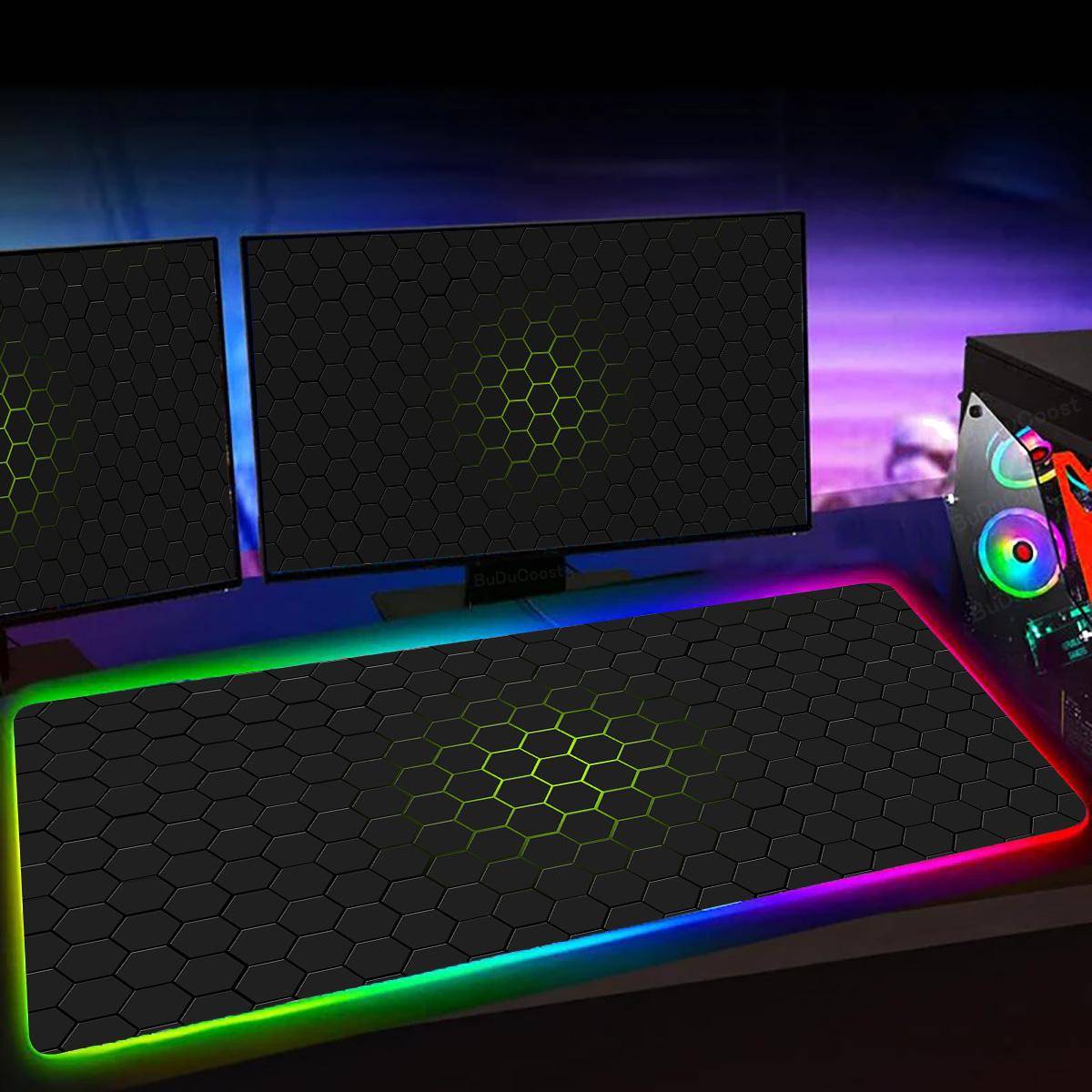 RGB Hexagon Spelmusmatta XXL Halkfri Matta Skrivbordsmatta Datortillbehör Kontor Geometrisk Musmatta Lyser Upp Utökad Spelmatta