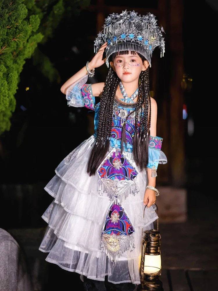 Miao Purple Clothing Xinjiang Girls Ethnic Style Stage Performance Walk Show - Embroidered top + hand sleeves + embroidered cake skirt / 130cm