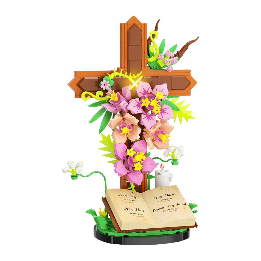 MOC Kristendom Kors Blombukett Byggklossar Modell Helig Bibel Tulpanblommor Växtklossar Monteringsleksaker Barn DIY-presenter pink