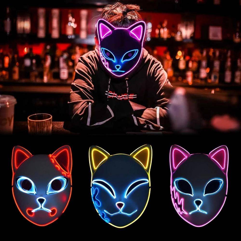 2024 Halloween Neon Mask Cosplay Japanese Anime Neon LED Demon Slayer Mask Halloween Party Costume Props