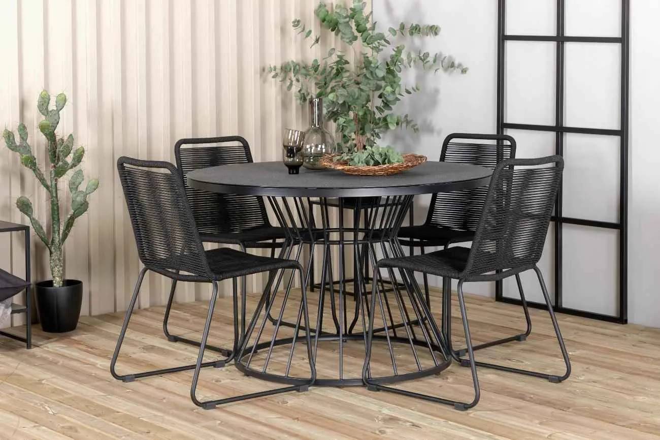 Tropea & Lindos - ø120 cm med 4 stolar - Matgrupper utomhus - svart/grå