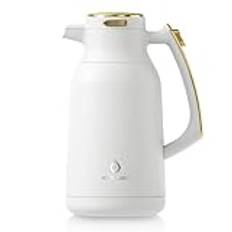IDEUS Termoskanna 2 l, rostfritt stål dubbelväggig kaffekanna vakuumisolering termoskanna varmhållningskanna tekanna för kaffe, BPA-fri, vit och guld
