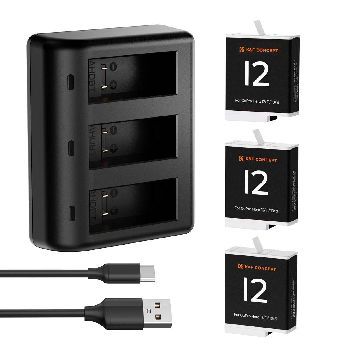KENTFAITH K&F Concept Hero 12 Battery 3-Pack 1730mAh Enduro Batteries with 3-Slot Charger Compatible with GoPro Hero 12, GoPro Hero 11, GoPro Hero 10, GoPro Hero 9 Black Camera