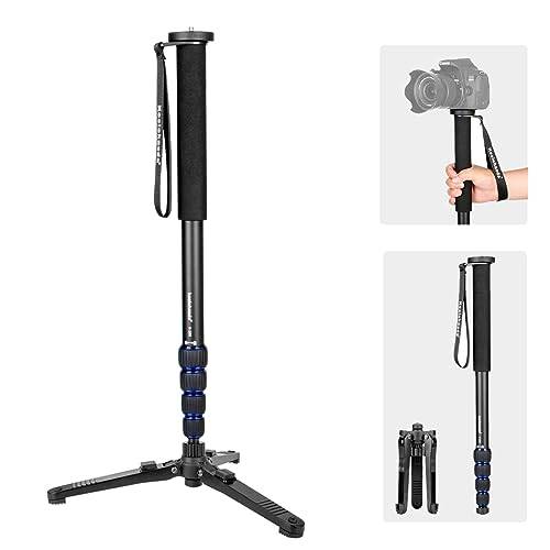 Koolehaoda monopod, aluminium 5-sektion kamera monopod med vikbar stödbas, 168 cm maxhöjd, 7 kg max nyttolast, 1/4 tum och 3/8 tum skruvfäste för DSLR-kamera, svart + blå