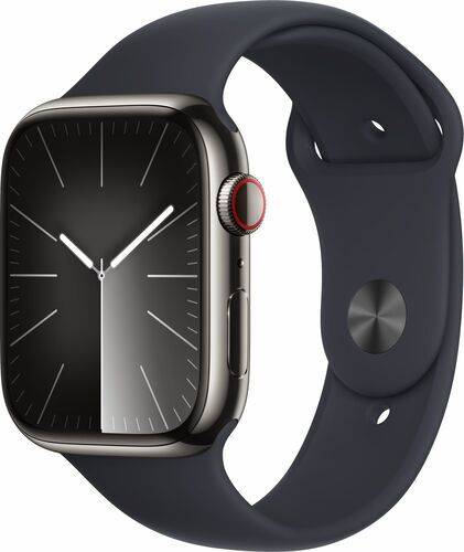Apple Watch Series 9 Rostfritt stål 45 mm (2023) | GPS + Cellular | Grafit | Sportarmband Midnatt M/L