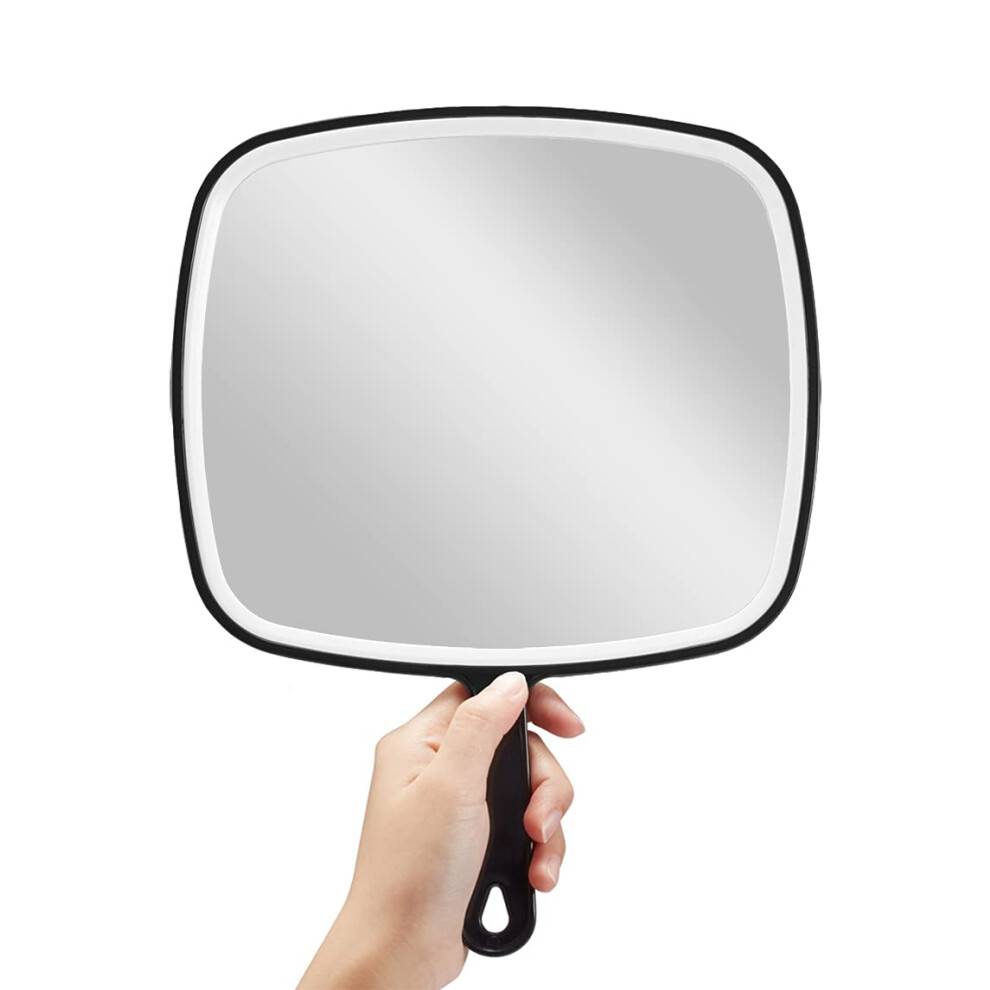 Håndspejl med håndtag til frisørsalon, bærbart HD almindeligt spejl uden forstørrelse High Definition til forfængelighedsmakeup (sort)