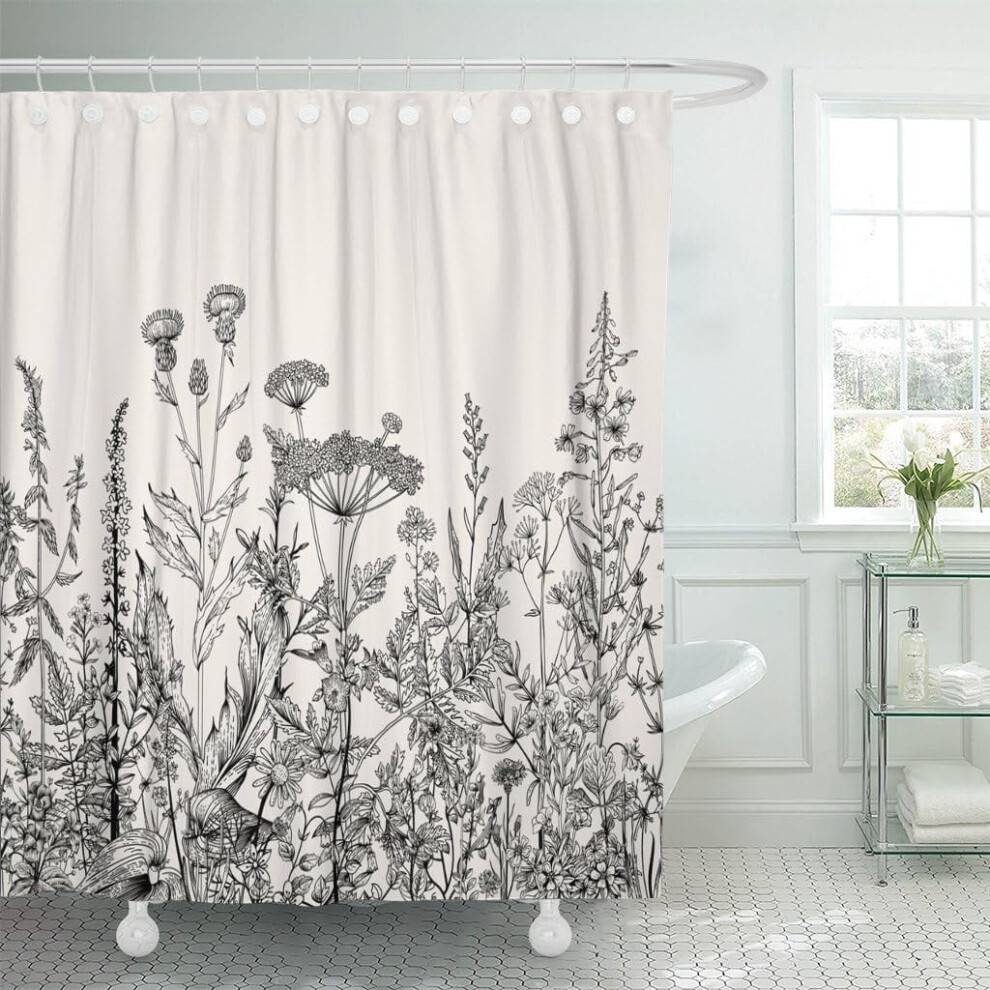 Bruseforhæng med blomsterkant, urter og vilde blomster, vintage botanisk design, lysegrå sort vandtæt polyester, 180x180 cm, kroge inkluderet