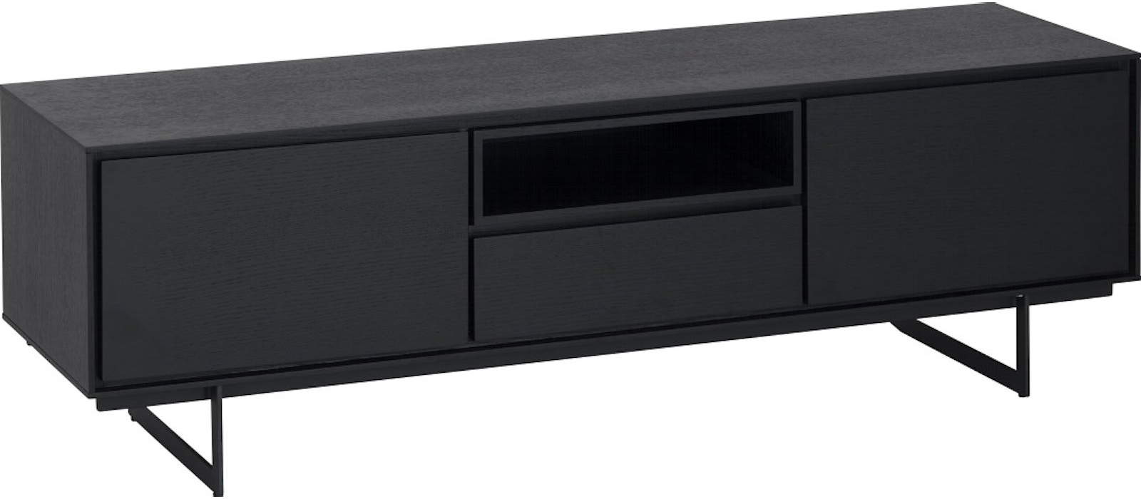 TV-bord Raymond & Hallmark Wansford i sort træ med metalben, 160×45×50 cm.